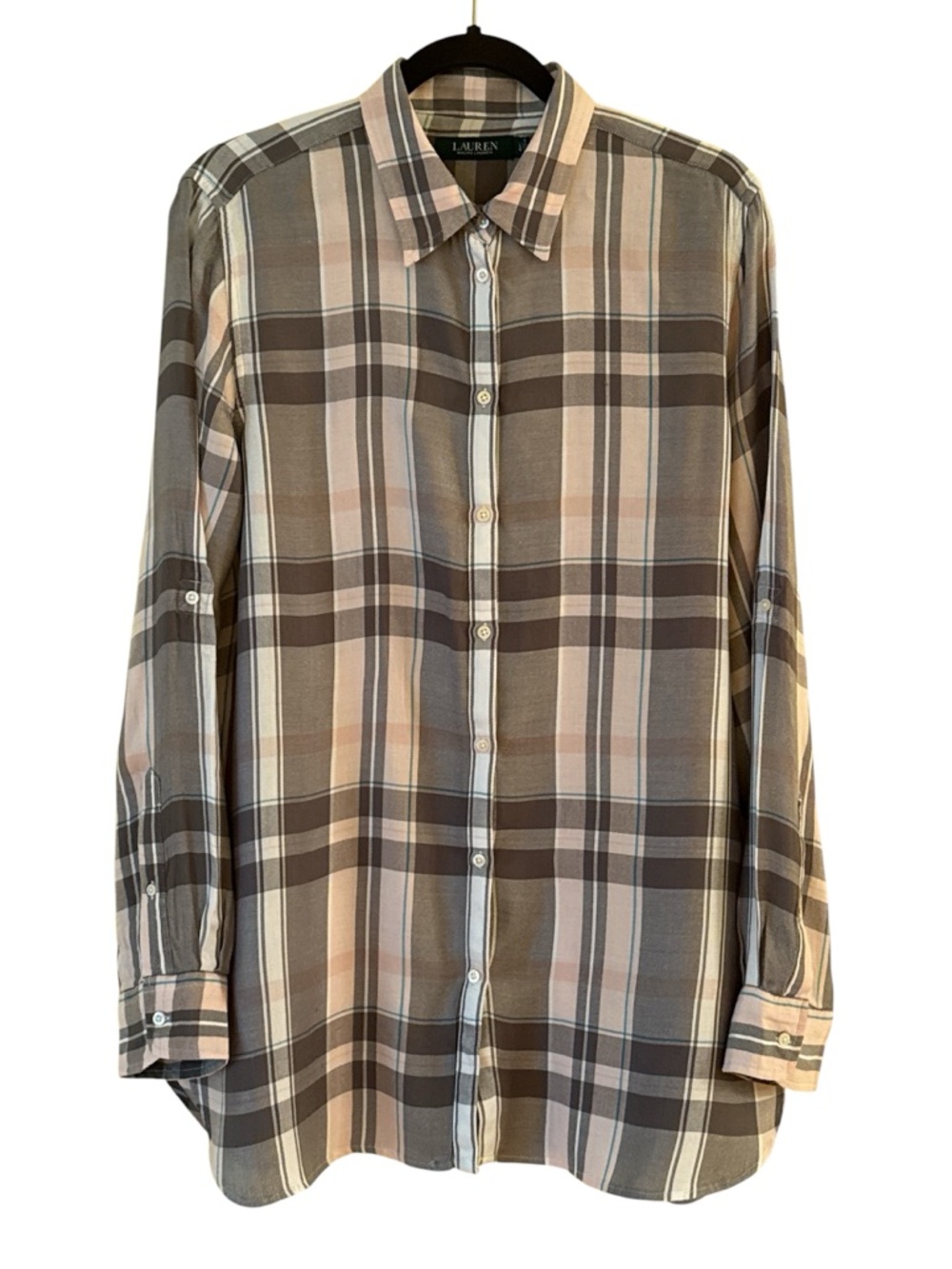 Lauren Ralph Lauren, Pink & Gray Plaid Button-Down Shirt, L